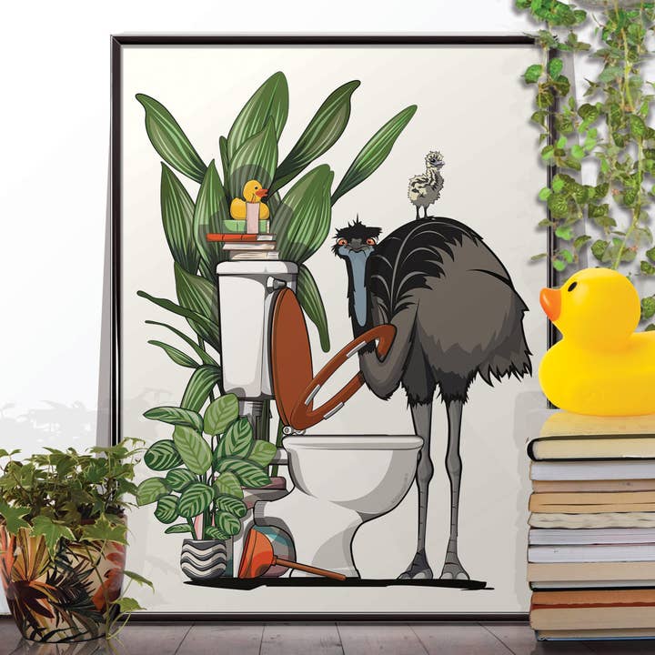Emu using the toilet, funny bathroom poster, wall art for wholesale by In The Washroom