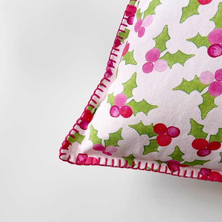 Pink Holly Pillow Cover | Pink Christmas Holly Pillow Cover for wholesale by Gert & Co
