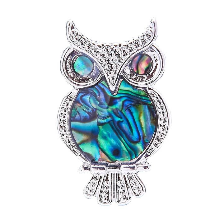 Broche Hibou en Coquille de Paua Naturelle, Plaqué Rhodium pour la vente par Byzantium Collection Ltd