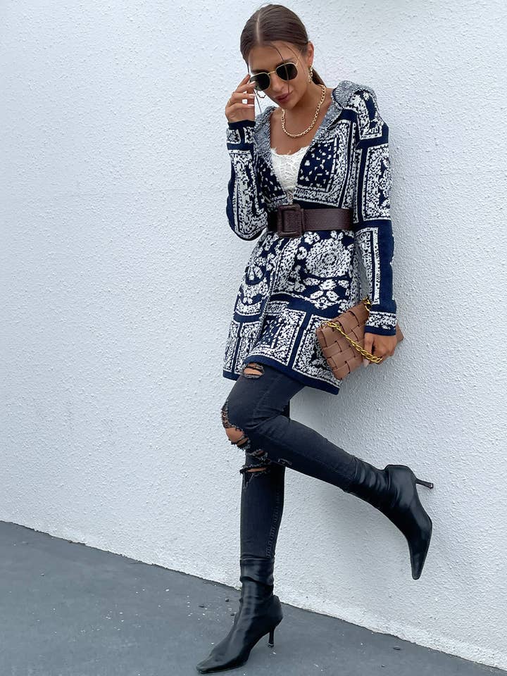 Cardigan con cappuccio con motivo floreale blu marino e tasche per la vendita all'ingrosso da parte di KAYAN.L