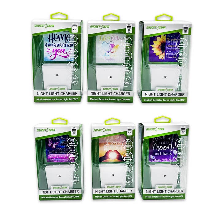 Gadget Gear Night Light Dual Port Charger Assortment- 6/Pack for wholesale by Novelty Closeout