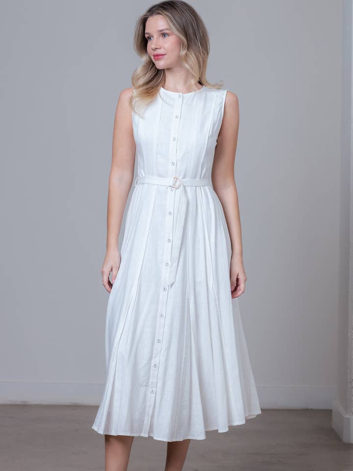 BD20290T-SESAMFARBENES LEINENKLEID MIT GÜRTEL für den Großhandel von Taelynn