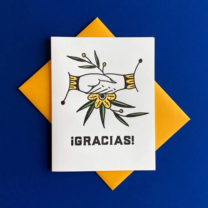 Gracias Handshake - Carte de remerciement typographique espagnole pour la vente par Pier Six Press