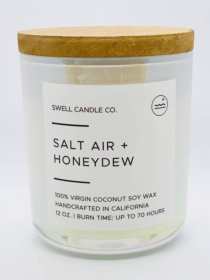 Salt Air + Honeydew Coconut Soy Candle with Wooden Wick for wholesale by Swell Candle Co