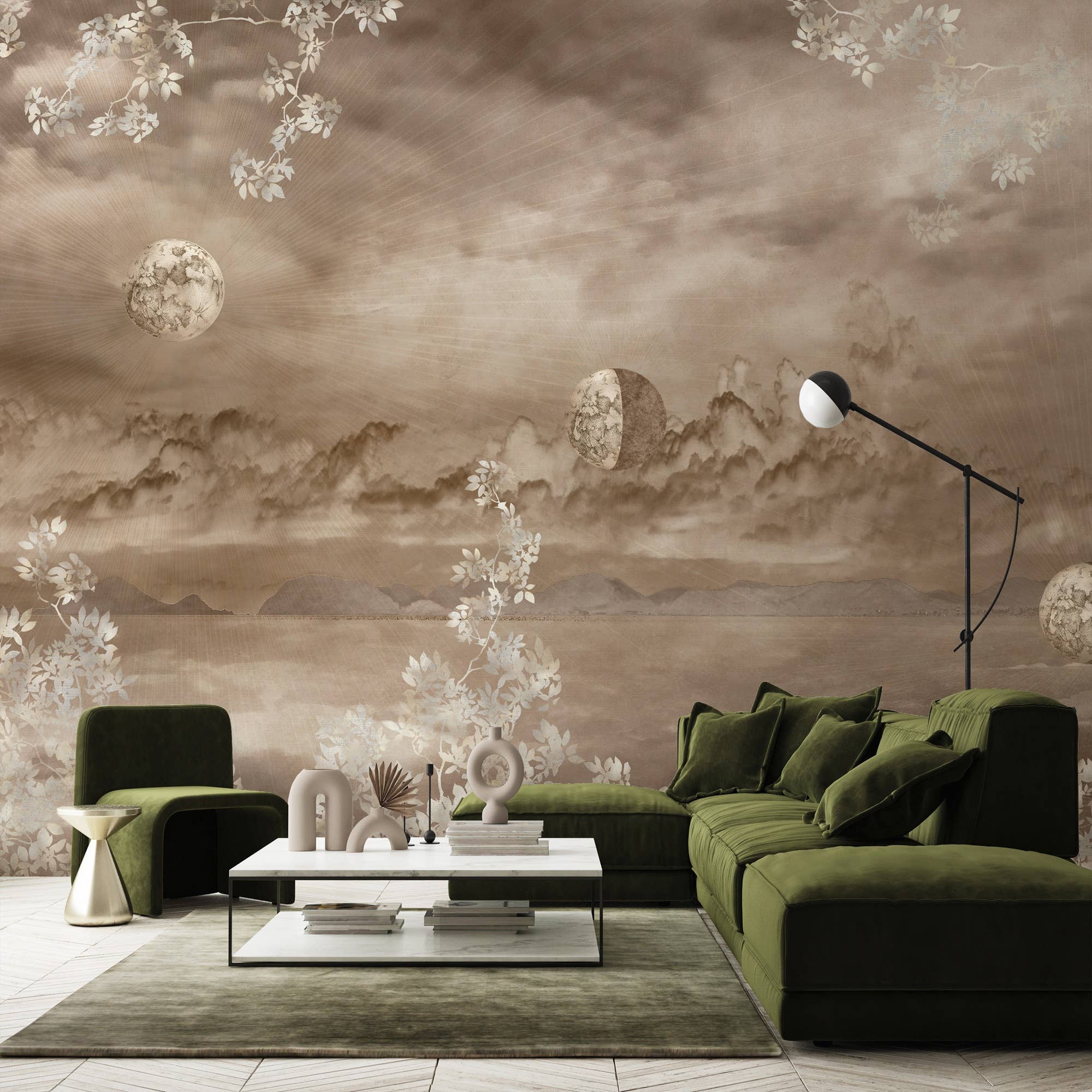 GK Home Decor – wholesale Wallpaper – Celestial Night Sky Wallpaper Mural Golden Foliage Moon3