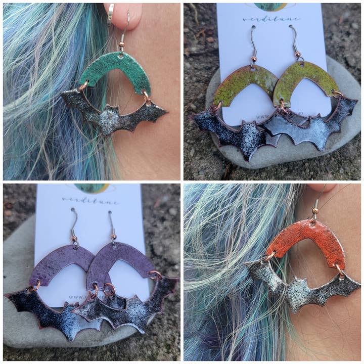 Ce sont des boucles d'oreilles en cuivre émaillé pour Halloween - CHAUVE-SOURIS pour la vente par Verdilune