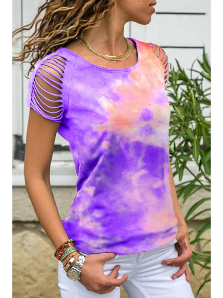 Suzie Q USA - Wholesale Knit Top - Women's - Tie Dye Slit Cutout Fashion Short Sleeve Top