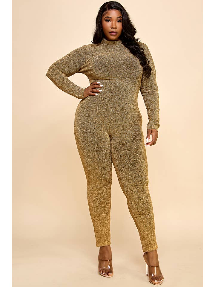 Namatt Design - Wholesale Jumpsuit - Women's - Plus Glitter Mock Neck Zipper Back Closure Catsuit9