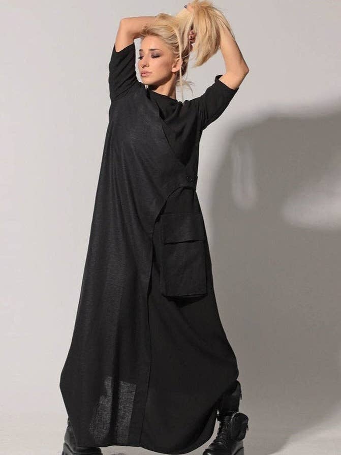 Maxi jersey dress with linen details and large side pocket: |DOI| for wholesale by ADEPTT
