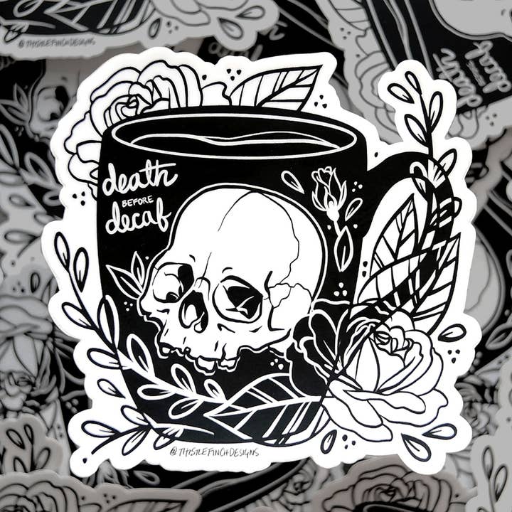Vinylaufkleber Tod vor Decaf für den Großhandel von Thistle Finch Designs