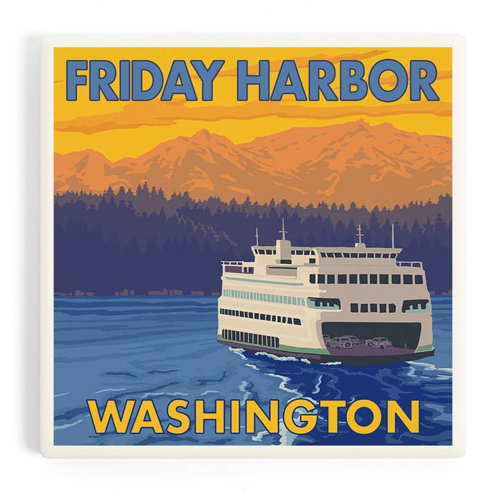 Ceramic Coaster Ferry and Mountains, Friday Harbor, Washi… for wholesale by Lantern Press
