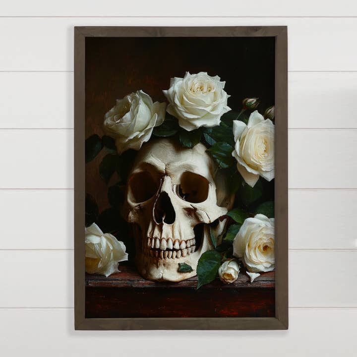 Leinwandbild Totenkopf mit weißen Rosen — Totenkopf und Blume — Rahmen für den Großhandel von Hangout Home