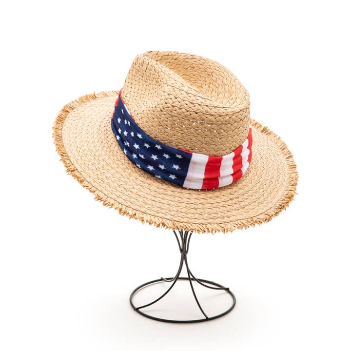 American Flag Hat Band Raw Edge Straw Fedora for wholesale by Rope & Spurs