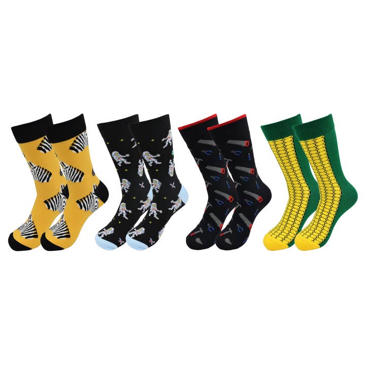 Real Sic – Engroshandel Strømper - Unisex – Sjove sokker - Værktøj, majs, zebra, astronaut, bomuldssokker
