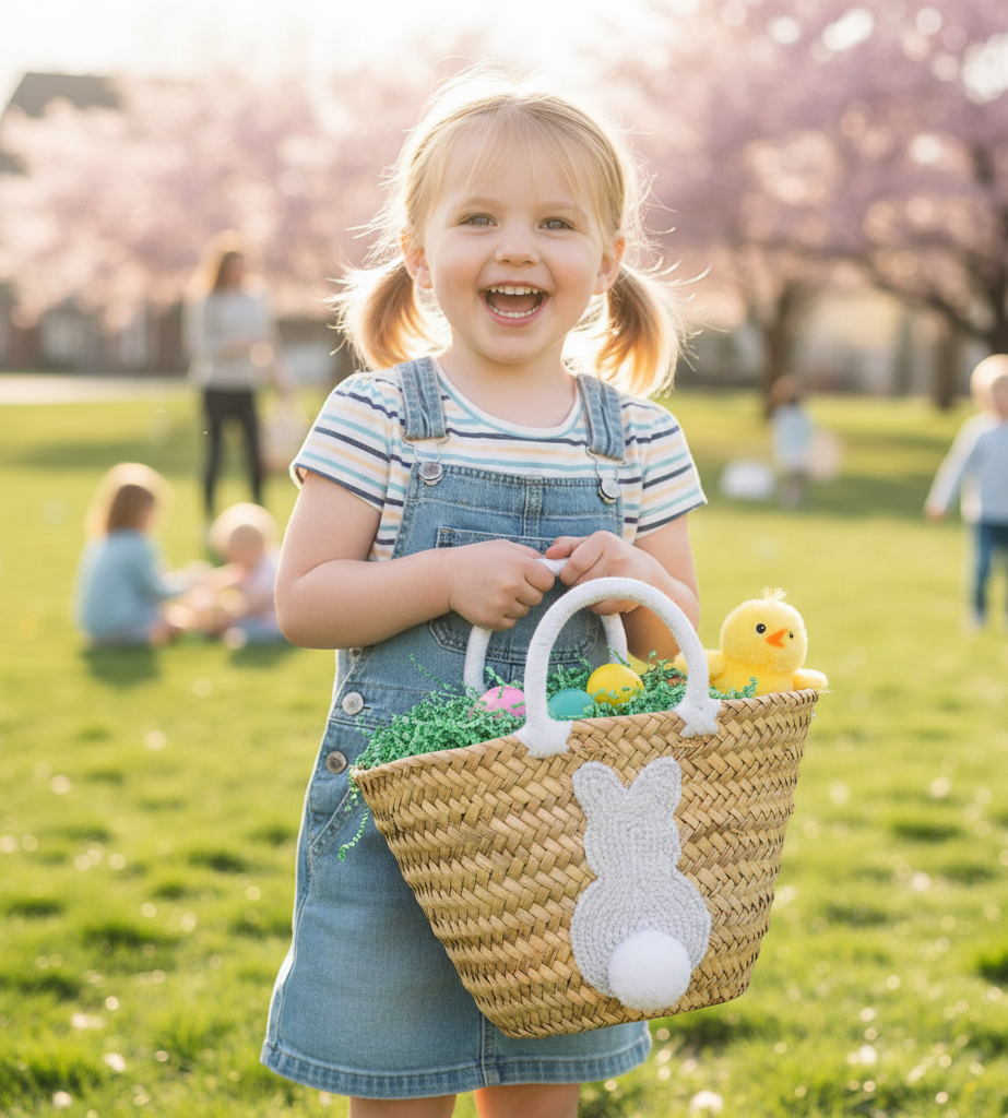 High crafty – wholesale Basket – Kids & baby – Easter Bunny Tail Straw Basket – Handmade Natural Palm Leaf 1