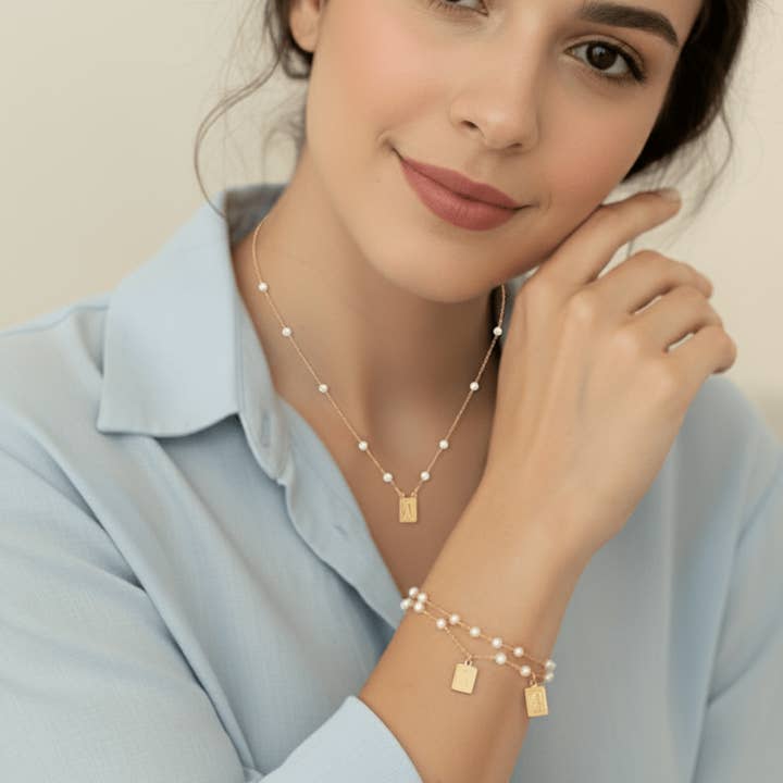 Guadalupe Gifts - Wholesale Jewelry Set - Gold-Plated Pearl Scapular Charm Necklace & Bracelet (jewelry set)4