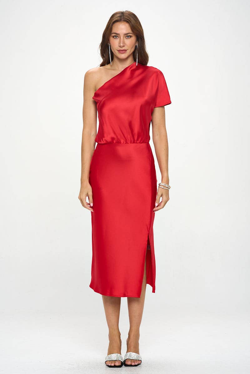 Red Made in USA Stretch Satin One Shoulder Dress for wholesale on Faire2