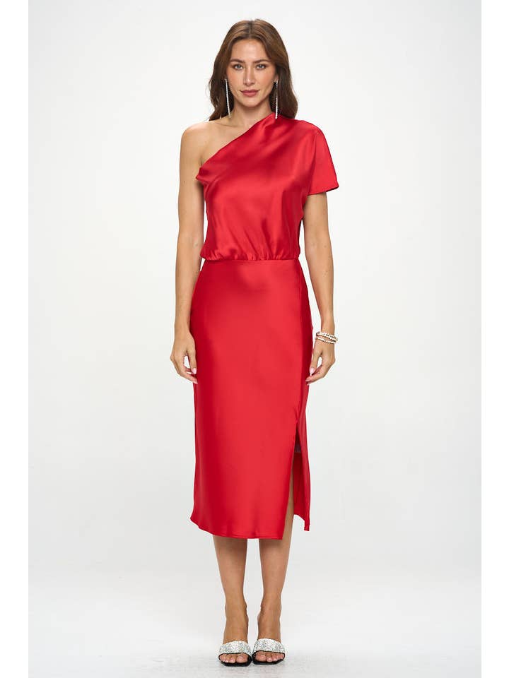 Red Made in USA Stretch Satin One Shoulder Dress for wholesale on Faire2