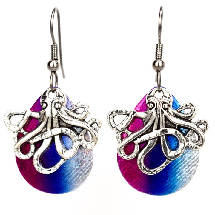 Rainbow Octopus Earrings Ocean sea life jewelry Maine Made for wholesale by Eye Catching Jewelry