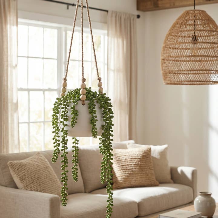 Flora Bunda Inc – wholesale Hanging planter – Hanging Faux String of Pearls in White Ceramic Pot3