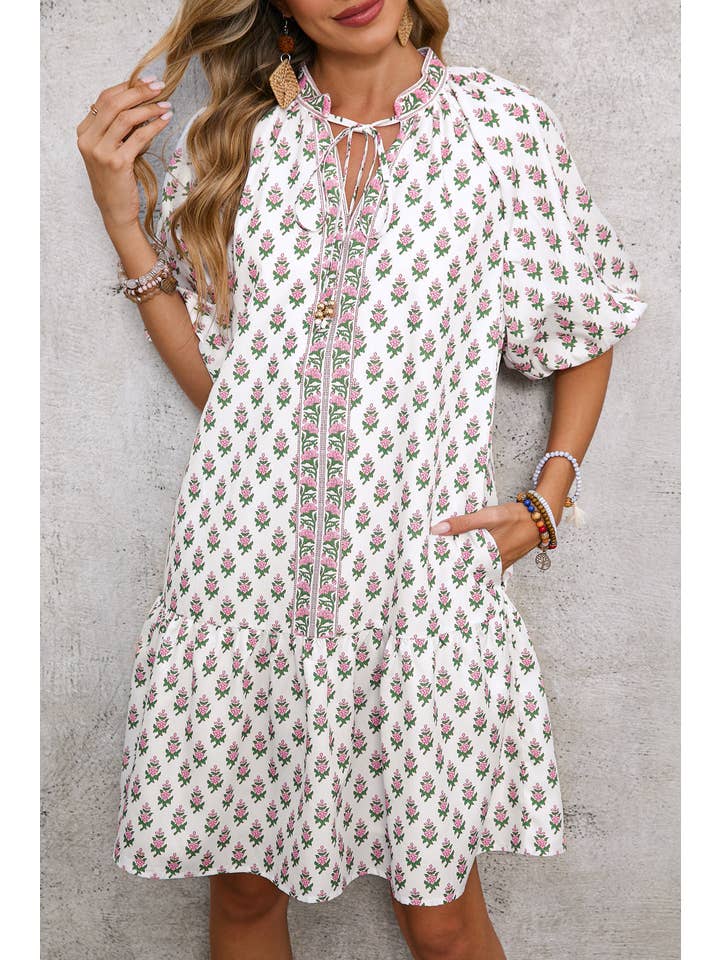 Pink Floral Ruffle Bubble Sleeve Spring Dress for wholesale on Faire