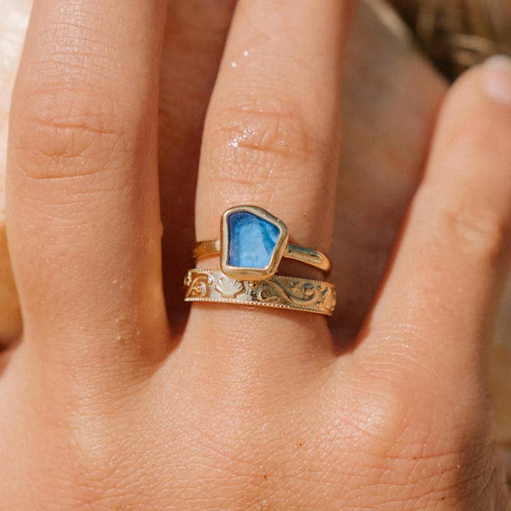The Salty Gem - Wholesale Single Stone/Solitaire Ring - Blue Sea Glass Ring (Handmade)