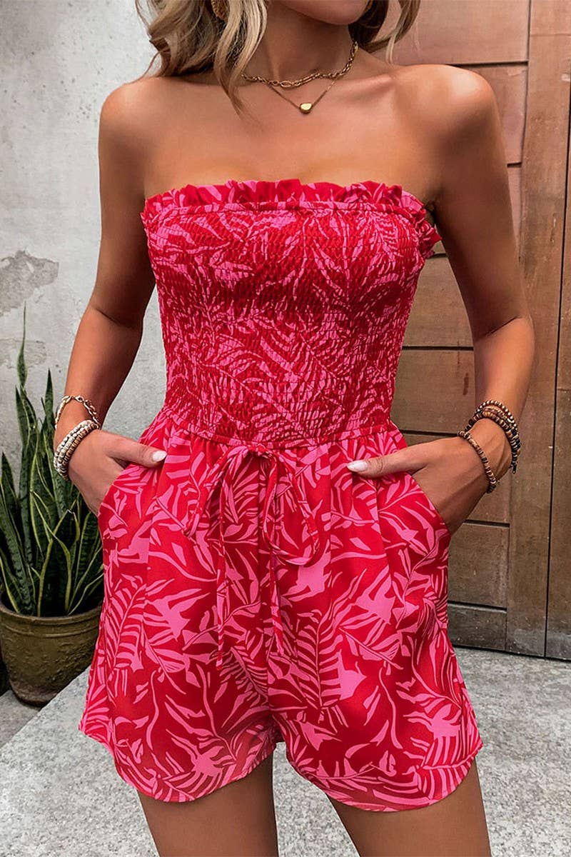 Red CWSJS0834_OFF-SHOULDER ELASTIC PRINTED TUBE TOP JUMPSUIT for wholesale on Faire1