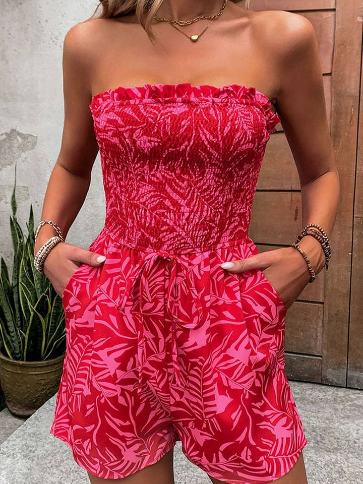 Red CWSJS0834_OFF-SHOULDER ELASTIC PRINTED TUBE TOP JUMPSUIT for wholesale on Faire1