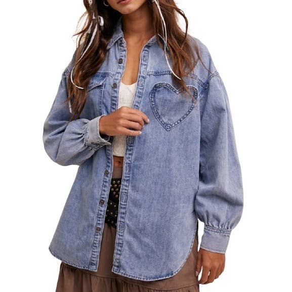 Playful Heart Pocket Oversized Denim Shirt with Vintage Ligh for wholesale by Blue Bunny Inc