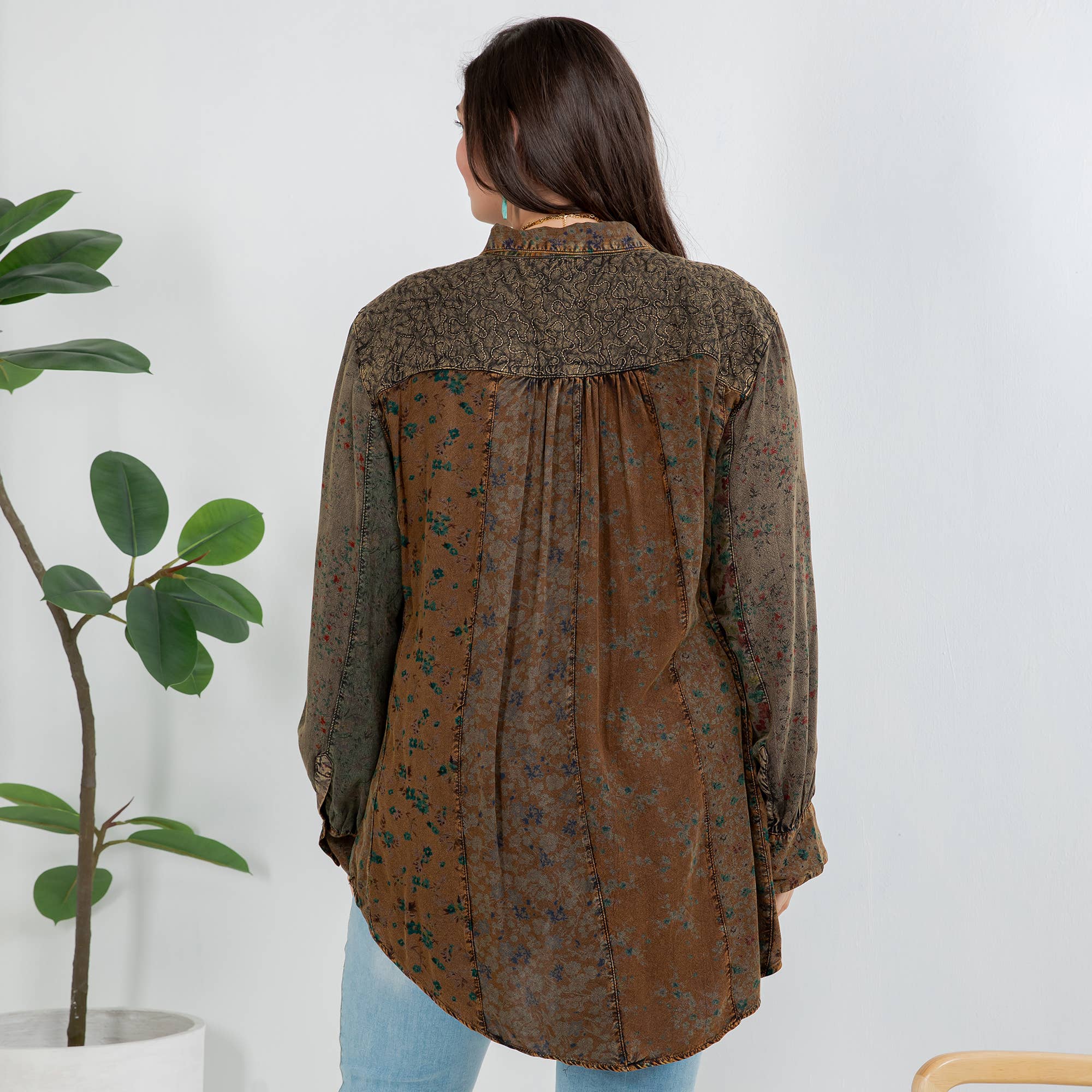 Amber Front-Open Boho Shirt with Quilted Emb & Rayon Tiers for wholesale on Faire13