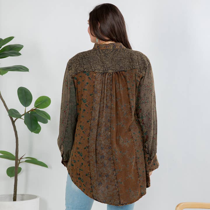 Amber Front-Open Boho Shirt with Quilted Emb & Rayon Tiers for wholesale on Faire13