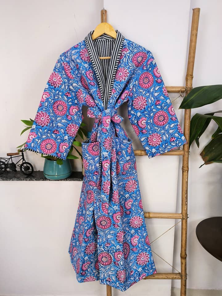 Quiltad Unisex ren bomull vändbar lång längd Kimono Rob för wholesale av The Eastern Loom