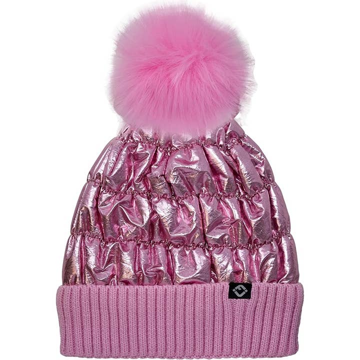 Funky Junque - Wholesale Beanie – Women's - Puffer Faux Fur Pom Beanie - Metallic Pink2