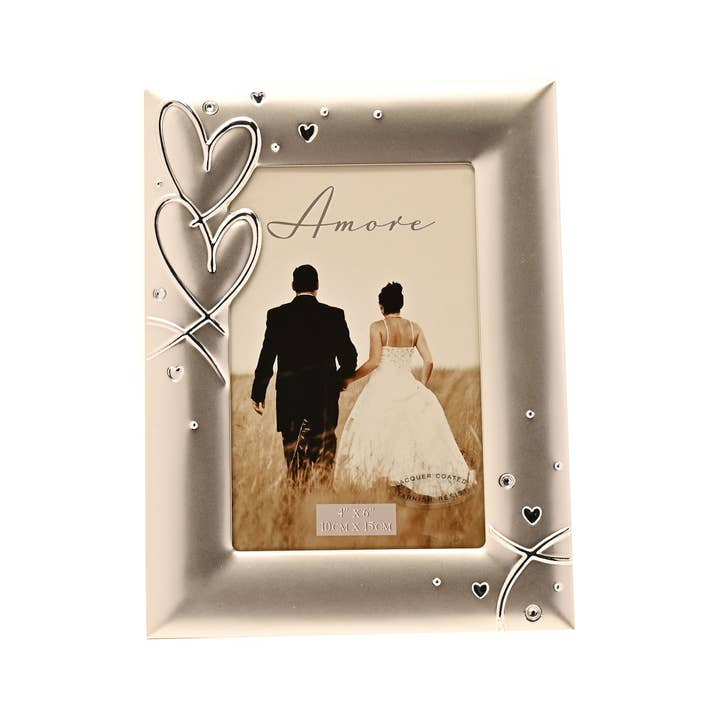 WIDDOP and Co. - Vendita all'ingrosso Cornice portafoto - Cornice Amore placcata in argento con cuori e cristalli 10,2 x 15,2 cm