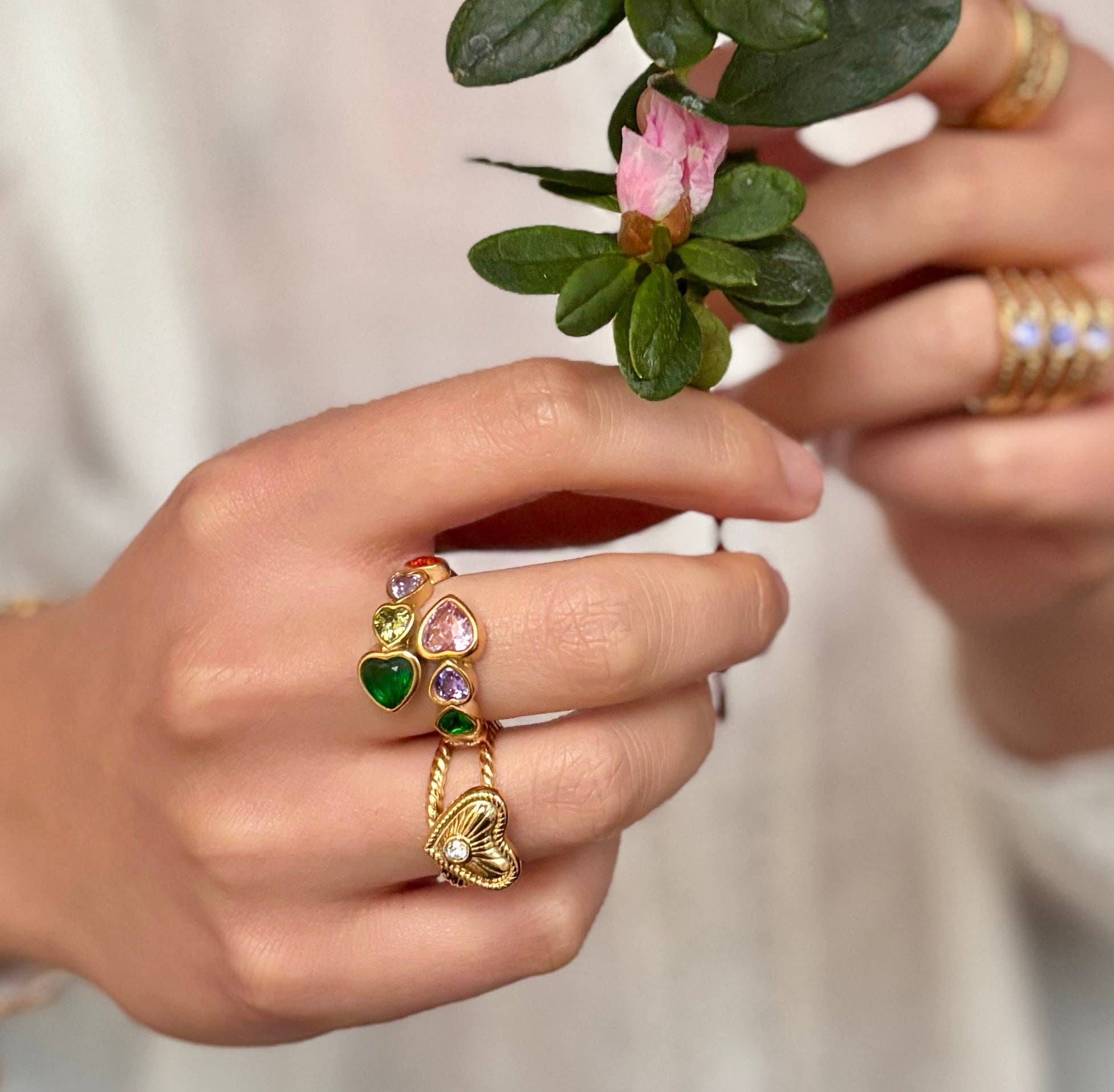 Ocean Ripples – wholesale Multi-stone ring – 18ct Gold Plated Multi Coloured Faceted Heart Adjustable Ring   1