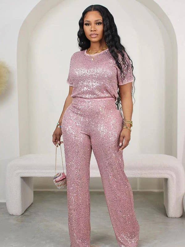 Aria Romance - Wholesale Top & Pant Set (NOT Loungewear) - Women's - Sequin solid color short-sleeved pants two-piece set