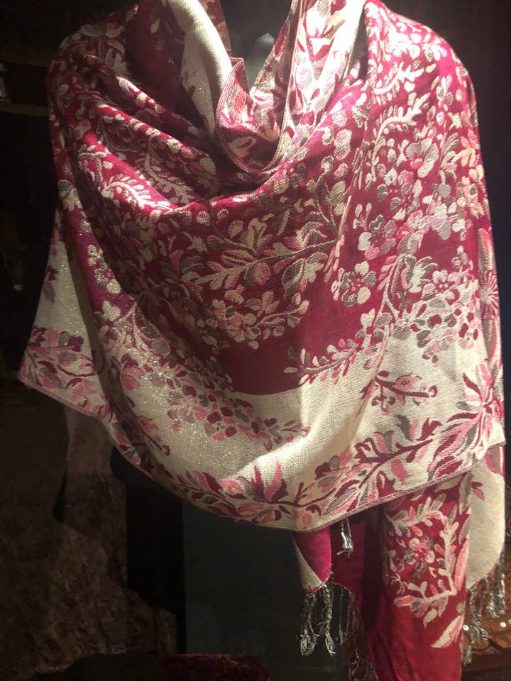 Brocade Pashmina Scarf Wrap in Fuchsia Pink White Silver Flower for wholesale by Nemesis Jewelry NYC