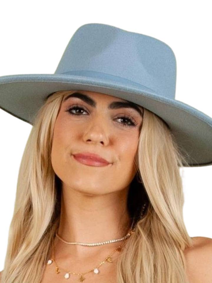 Vegan felt Rancher hat with grosgrain trim in Blue for wholesale by Lucca Couture