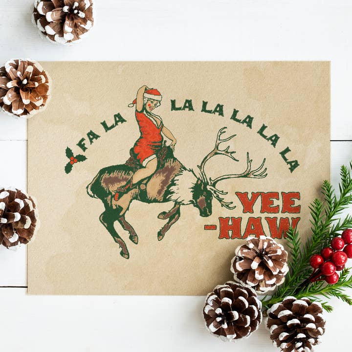Cowgirl Christmas Card- Yee-Haw- Mrs. Claus Pinup Card for wholesale by Cluster Funk Studio