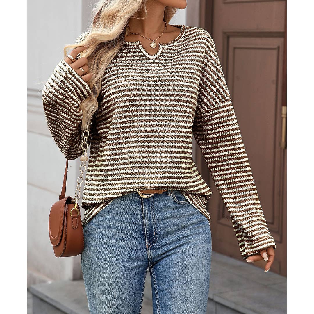 UNISHE - Wholesale Blouse - Women's - Striped Waffle Knit Long Sleeve Top MD2378