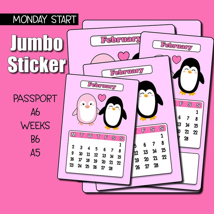 2026 Februar Kalender Jumbo Aufkleber - Wochenbeginn Montag für den Großhandel von Shine Sticker Studio