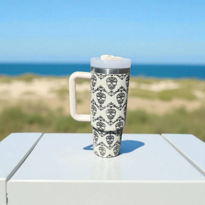426 Creative - Wholesale Insulated Mug/Tumbler - Sugar Skull Engraved Tumbler 40oz Individually Boxed, Straw2