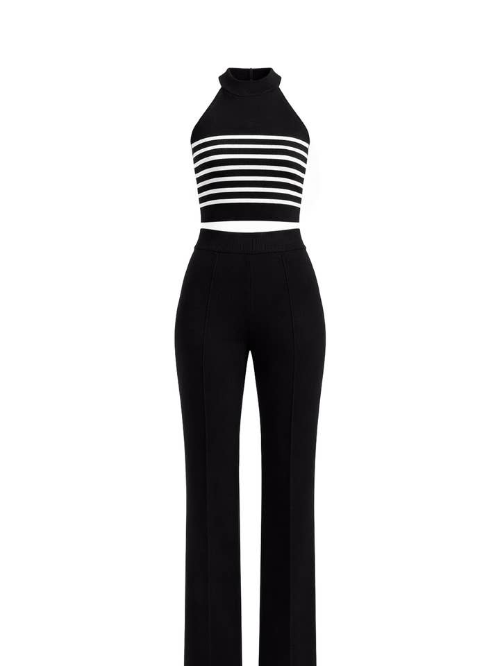 Emery Stribet strikket ærmeløs mock neck top med bukser sæt for engroshandel hos RIVIR