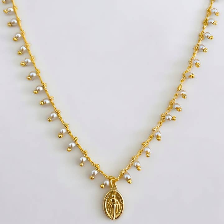 Guadalupe Gifts - Wholesale Pendant/Charm Necklace - Gold-Plated Miraculous Medal Mini-Pearl Beaded Necklace 18-inch6