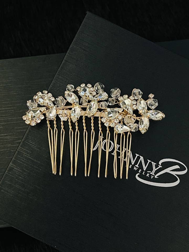 NINA - Pettine per capelli con fiori e foglie, colore: oro per la vendita all'ingrosso da parte di JohnnyB Jewelry