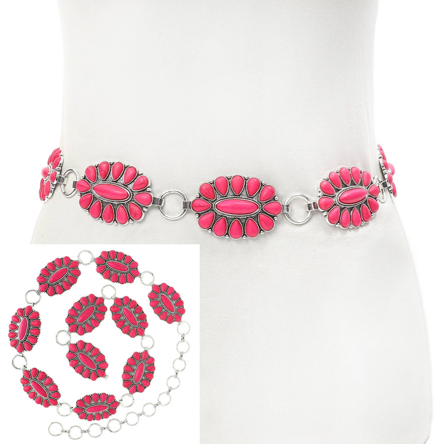 SP Sophia Collection - Wholesale Belt - Women's - Western Style Semi Stone Squash Blossom Chain Link Belt2