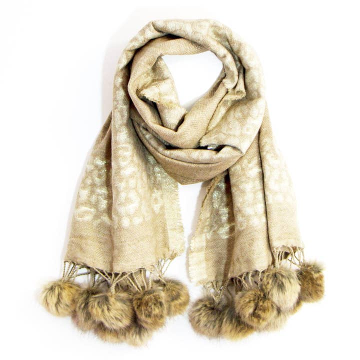 Tempest Designs - Wholesale Scarf - Women's - Subtle gold leopard border shawl with faux fur pom poms