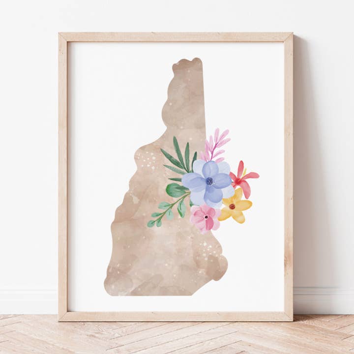 Impressão artística de silhueta floral de New Hampshire por atacado de Backstory Map Co.