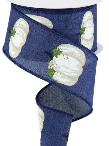 2.5"X10YD PUMPKINS W/LEAVES ON ROYAL NAVY/CRM/BGE/BRN/MOSS (J) for wholesale by Waterman's Loft Inc.