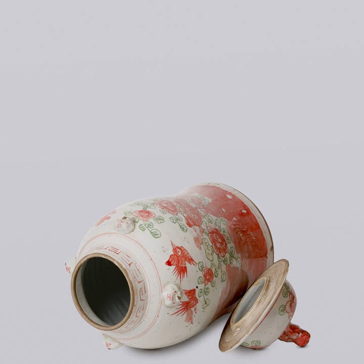 Cobalt Guild - Wholesale Decorative Jar - Pink and Green Porcelain Bird and Flower Temple Jar